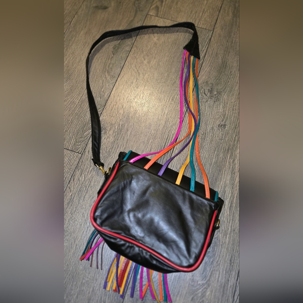 Leather Vintage Noble Crossbody Multicolor Fringe USA Festival Bag 80s Cochella - Picture 9 of 10